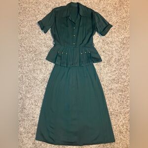 Forest Green Vintage Style 2 Piece Skirt Set Peplum Gold Buttons